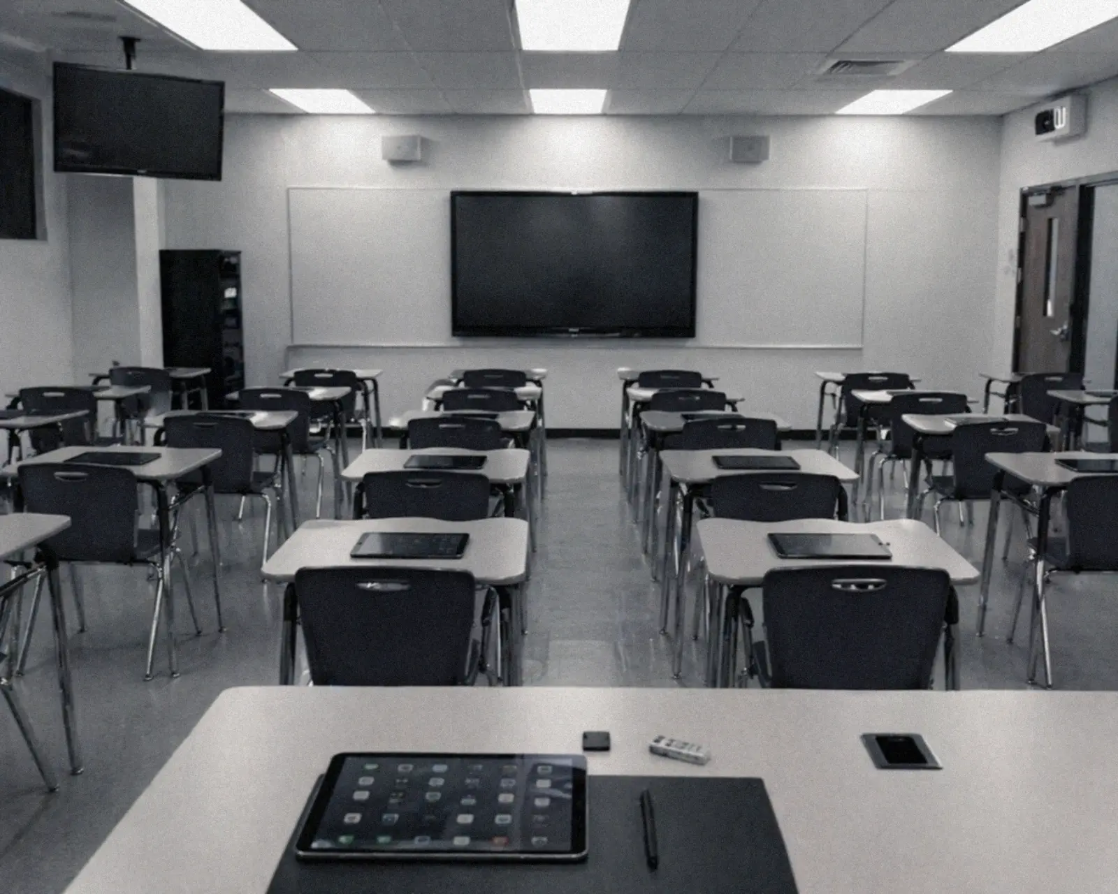 empty classroom with digital devices and no human presence
