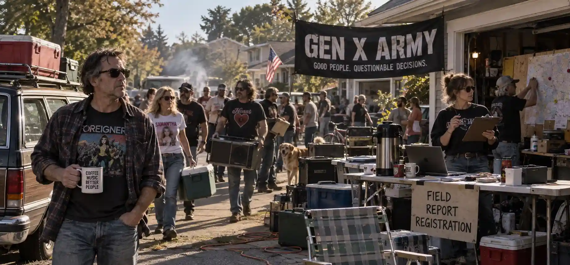 Gen X Army gathering in a suburban neighborhood for a cultural reactivation.